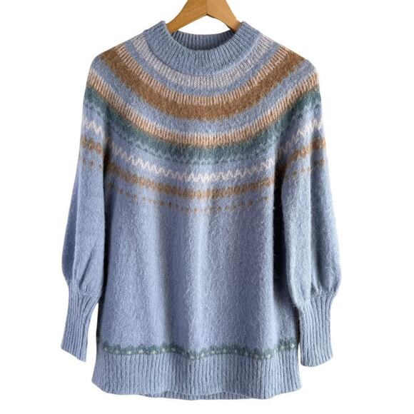 J.Crew Fair Isle Yoke Puff-Sleeve Alpaca Wool Sweater Nordic Style Blue Cream, M - Picture 2 of 12